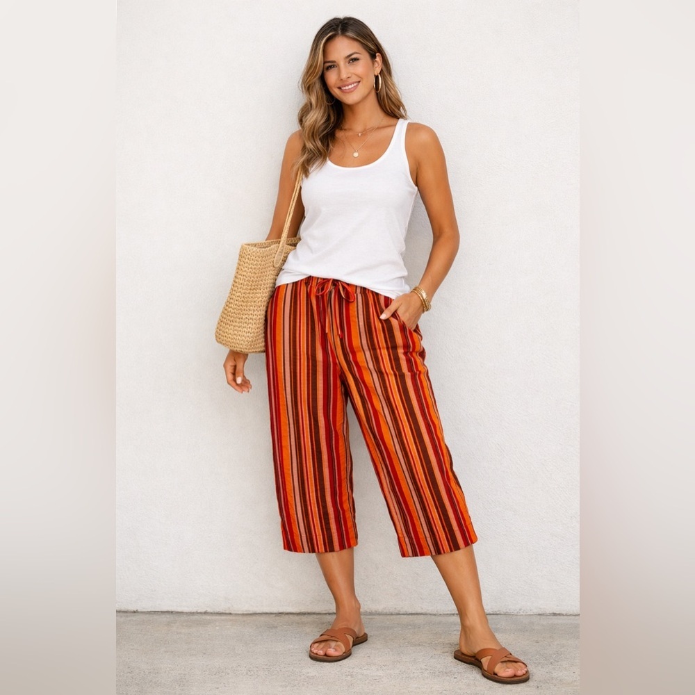 Classic Elements Striped Cropped Pants cotton Drawstring coastal nautical/16